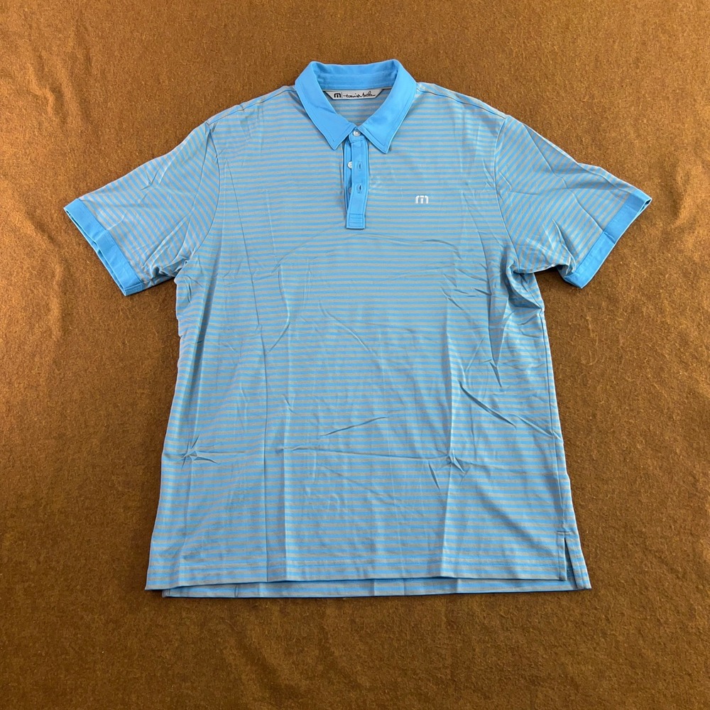 Travis Mathew Mens Large Blue Striped Pima Cotton Blend Golf Polo Shirt